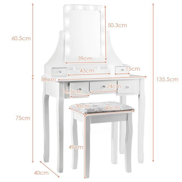 COSTWAY Sminkebord med skammel og 360° roterende spejl - Sminkebord - 10 LED-lys med justerbar lysstyrke, 5 skuffer