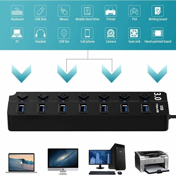 USB-hub, 7-ports USB 3.0-hub, multi-port USB-datahub, splitter med individuelle tænd/sluk-knapper, USB-forlænger til MacBook