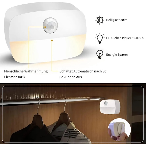LED natlys med bevægelsessensor, 4 varme hvide batteridrevne lys, 2 lystilstande, automatisk tænd/sluk sensorlys til gang, trapper, soveværelse