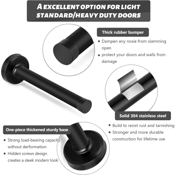 Dørstopper 150mm/6 tommer lang sort dørstopper vægmonteret høj moderne dørstopper holdbar rustfrit stål dørstopper