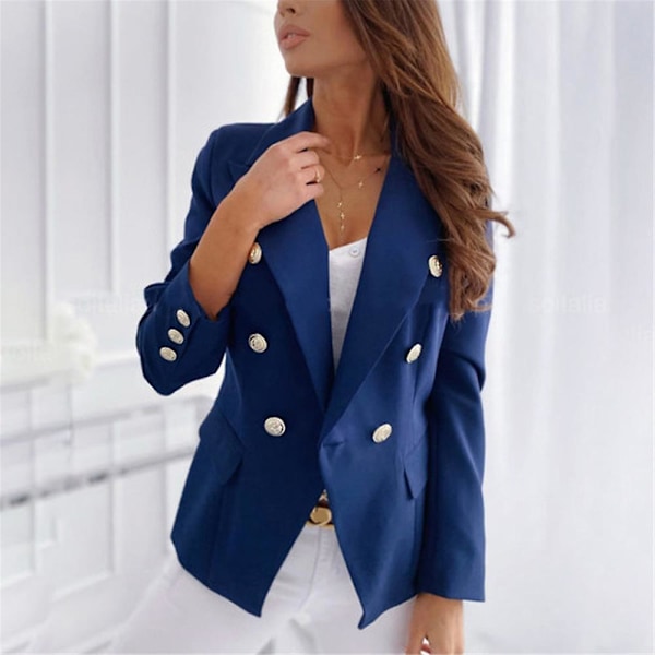 Naisten kaksinkertainen rintapuku Blazer pitkähihainen takki muodollinen liiketoiminta rento Slim Fit Takki ulkovaatteet sininen Blue 3XL