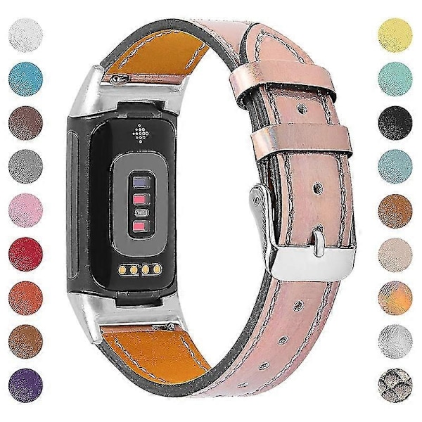 Premium Äkta Läder Justerbart Armband för Fitbit Charge 6/5 - Perfekt Rosa Guld Pink gold Fitbit Charge 6