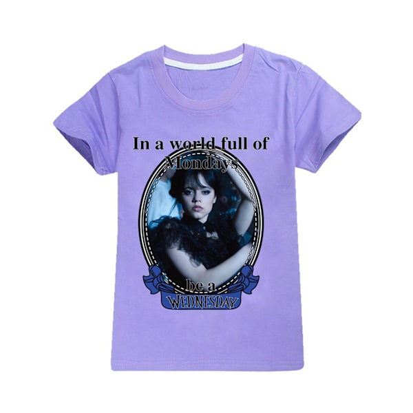 Addams Family Wednesday Kid Print Crew Neck Kort Ermet T-skjorte lilla purple 130 cm