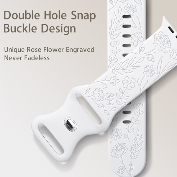 Floral graveret rem kompatibel med Apple Watch armbånd 38mm 40mm 41mm til kvinder, udskiftningsrem til iWatch Series SE 9 8 7 6 5 4 3 2 1, hvid White