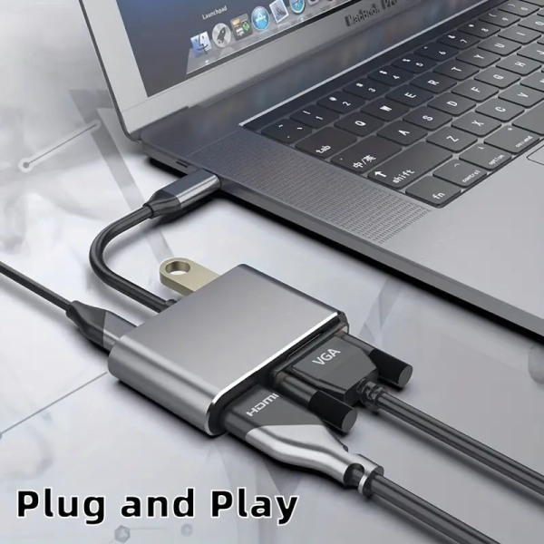 USB C Hub til HDMI VGA Multiport Adapter, 4-i-1 USB C til Vga Multiport