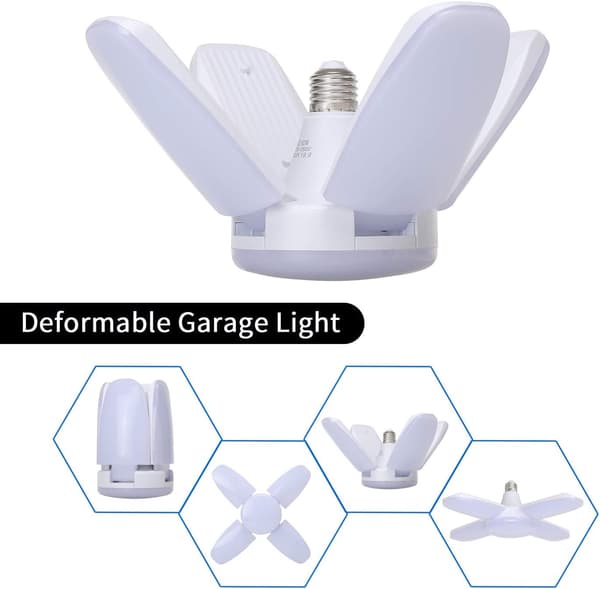 60W LED Garagelys, E27 6000 Lumen Sikkerhedslys, Deformerbart Værkstedlys med 4 Justerbare Paneler, Super Klart Dagslys til Garage,