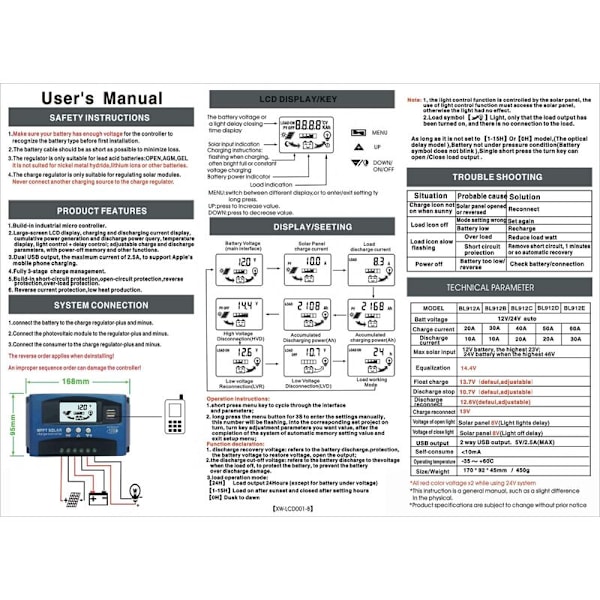 MPPT solcellelader batterilader 12V/24V, 30A