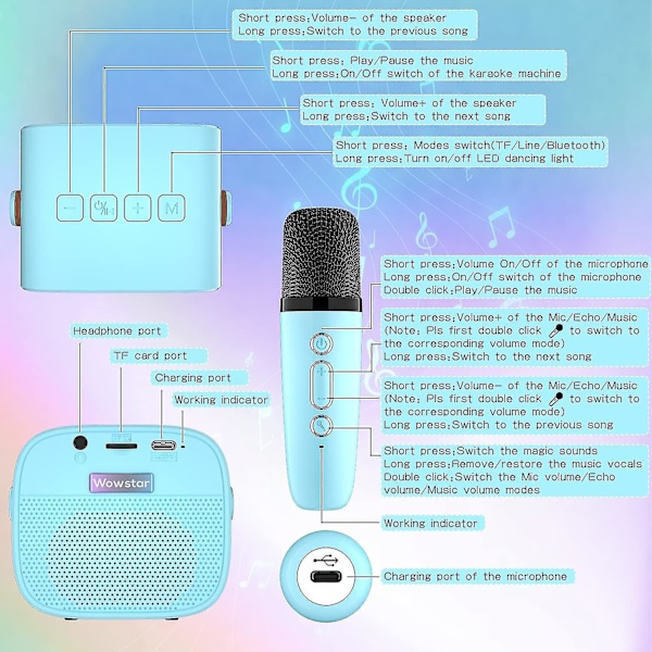 Barnekaraokemaskin med 2 trådløse mikrofoner, bærbar Bluetooth-karaokemaskin for barn, voksne, stemmeendringseffekter og LED-lys