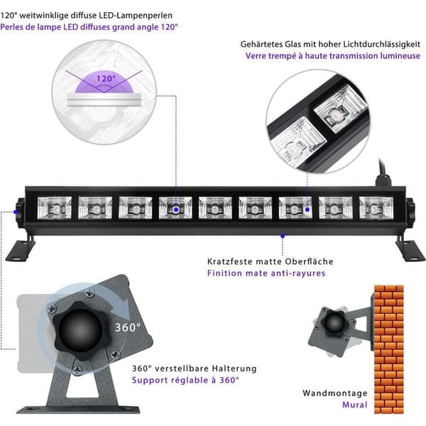 36W sort lysstrimmel, 9 LED UV-lamper, UVA-niveau 385-400nm