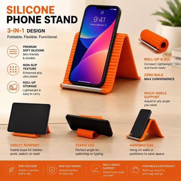 Sammenleggbart telefonstativ i silikon, fleksibelt justerbart mobilholder, kjølestativ [Orange]