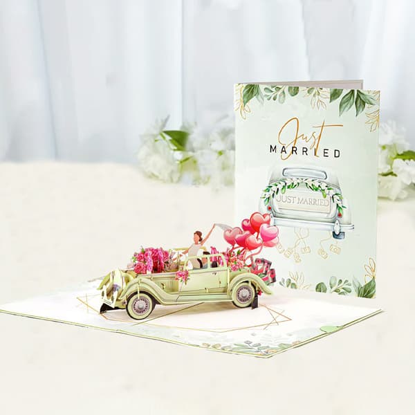 3D Pop-op Bryllupsbilskort, Håndlavet Papirklip Hilsen til Valentinsdag og Bryllup green