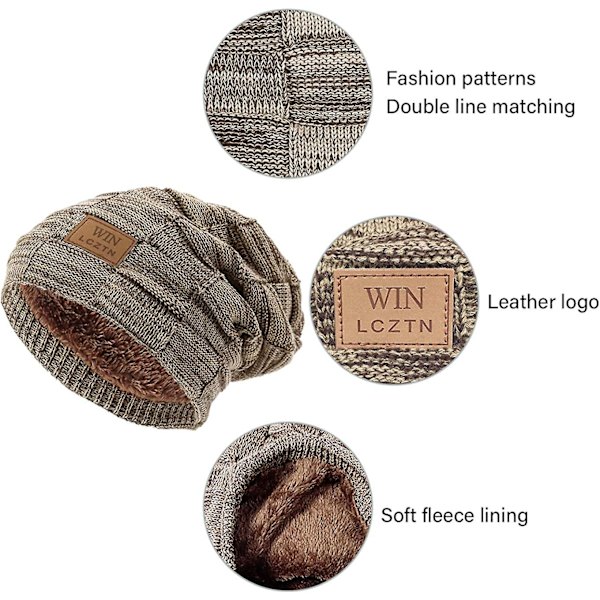 Vinterlue for menn Skjerfsett Varm fleecefôret strikket skihue Slouchy Skull Cap for unisex gave Brown