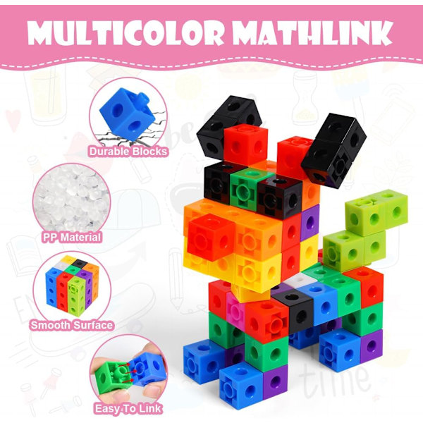100 stk. Koblingskuber med 10 farger, Matte-kuber for tidlig læring og matematikk, Magiske tallblokker, Tallblokksett for skole og hjem - 2CM[qb]