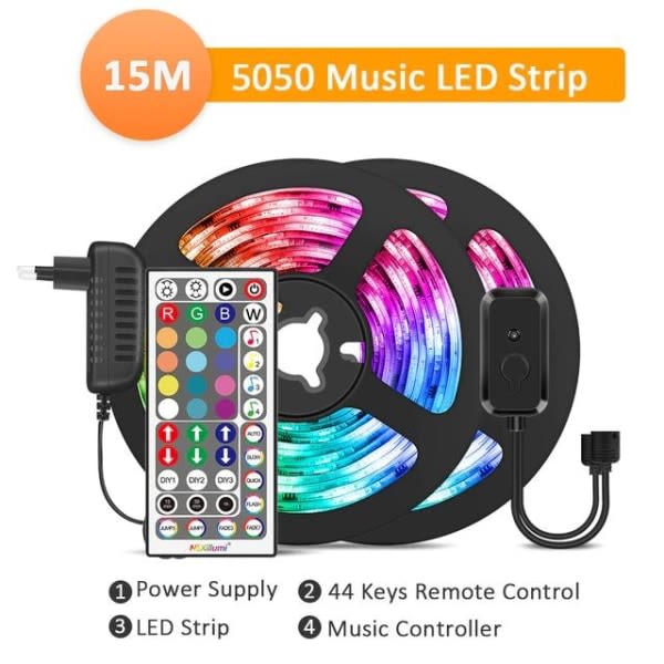 RGB 15m LED-slinga RGB5050 Music Sync LED-remsa flerfärgad ColorRGB 15m 5050 LED-remsa