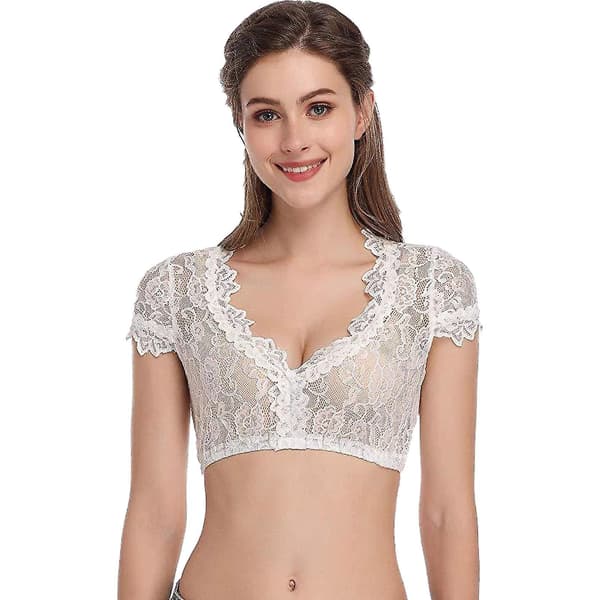 Elegant Dirndlblus för damer, svart dirndlblus, spetsblus för Oktoberfest, vit White S