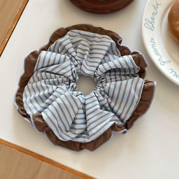 Rutig spets-scrunchie — Elastisk hårtofs & modeaccessoar*Blå och brunrandig spets-scrunchie, cirka 17cm**112# 112#