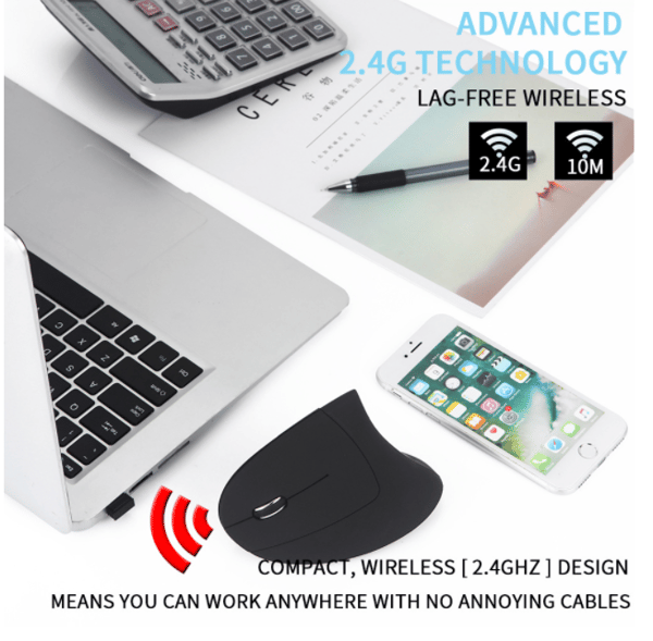 2.4G Trådlös Ergonomisk Vertikal Sladdlös Vertikal Mus Svart