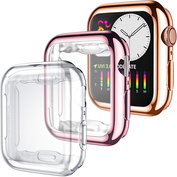 3-pakks etui kompatibelt med Apple Watch Series SE 6/5/4 44mm skjermbeskytter, full beskyttende etui, transparent/rose gull/rosa