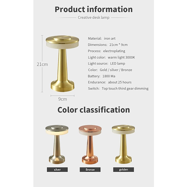 Touch Bärbar Sladdlös Bordslampa 3-Nivåer Touch Dimmer Inbyggd USB Batteriport Sovrum Sänglampa Bar Atmosfärlampa Bord Silver