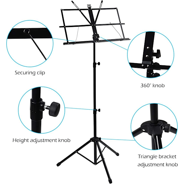 Højdejusterbart nodestativ, bærbart sammenklappeligt metalstativ med bæretaske, nemt at opbevare eller rejse med, sort