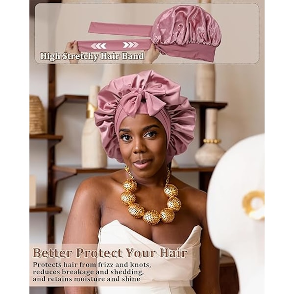 Satin Bonnet för Sömn Kvinnor Dubbellager Hårhatt med 2 st Hårsnoddar Elastiskt Band Nattkläder Bean Paste + Pink