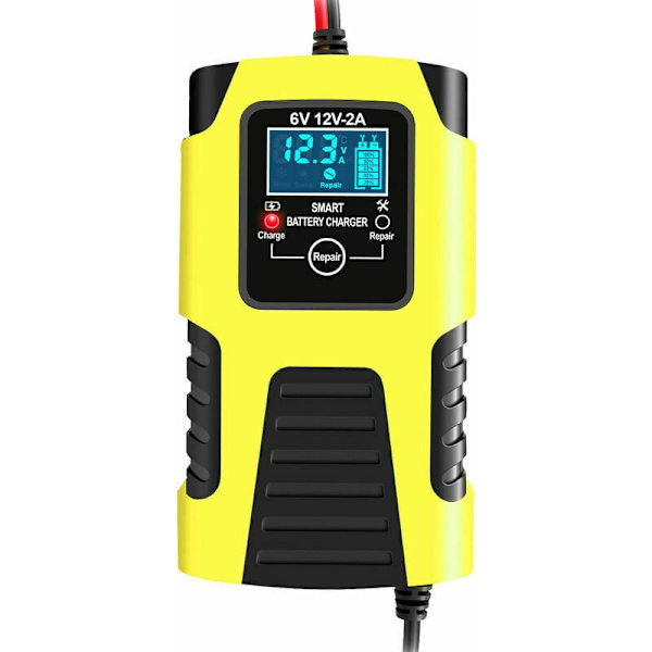 12V/2A 24V/2A Automatisk intelligent batterioplader bærbar vedligeholdelsesoplader bil og motorcykel batteridesulfatering gul