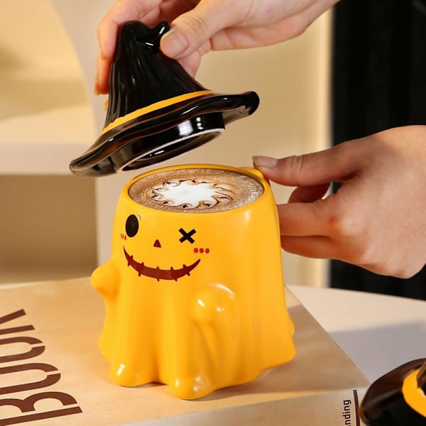 Halloween krus spøgelseskrus med låg Halloween spøgelse nyhed kaffekrus Dorable heksehat spøgelseskop til hjemmekontor Halloween dekorationer Orange