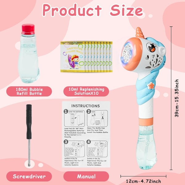 Bubbelmaskin för Barn, Portabel Ljus-Upp Bubbelstav med Ljud På/Av 280ml Bubbellösning