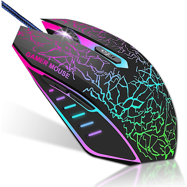 PC-mus med kabel, optisk USB-spelmus för stationär/bärbar dator, 1200 till 3600 4 justerbara DPI, RGB-ljus, ergonomisk med 6 programmerbara knappar