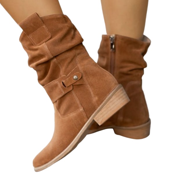 Dames Efterår og Vinter Side Lynlås Lave Støvler Elegant Ruskind Rundtået Casual Lave Hæle BRUN BROWN 36