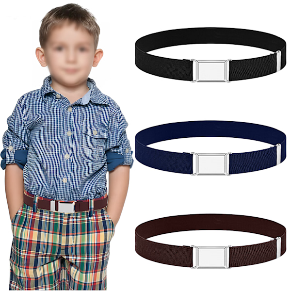 3-pack Elastiskt Bälte för Barn, 2,5 x 75 cm Justerbart Stretchbälte för Barn, Kvadratisk Magnetisk Spänne, Elastiskt Bälte för Jeans