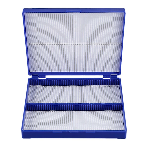 Royal blue plastic rectangle with 100 microslide slide microscope box