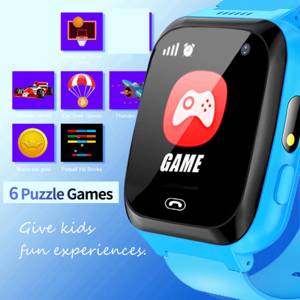 Spel Smart Watch Barn Telefonsamtal Musik Spela ficklampa 6 spel med 1GB SD-kort Smartwatch Watch för pojkar Flickor Presenter Blå Blue with Original box