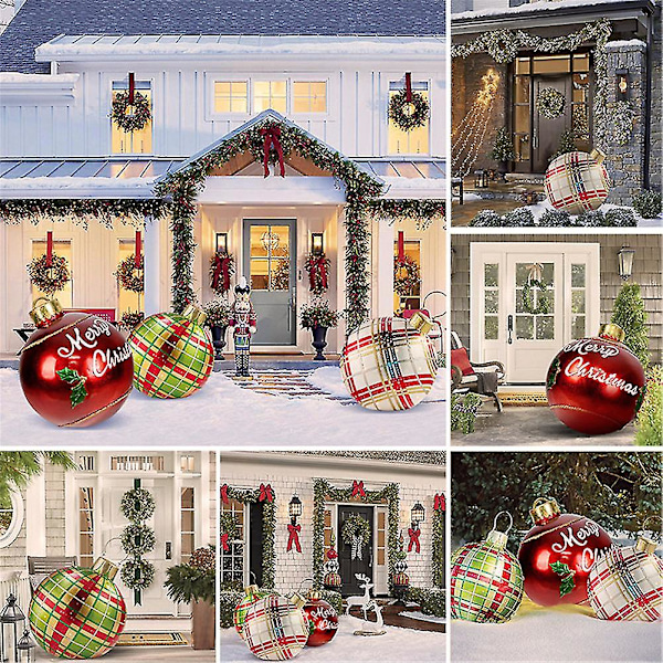 Ekstra store oppblåsbare julekuler i PVC, juledekorasjonskuler red-checkered pattern