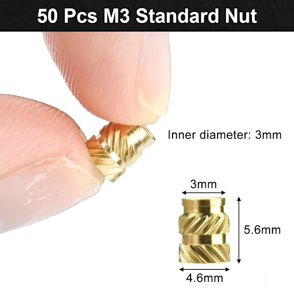 Sats med 50 muttrar, mässing, M3, gängade, guld