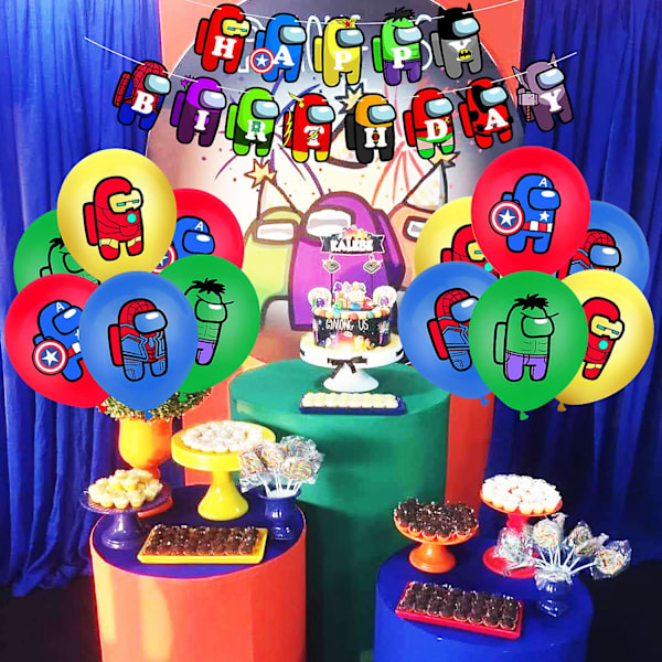 Superhjälte temafest Bland oss Set Cake Insert Flag Banner Kombination Ballonger (FMY) set 6