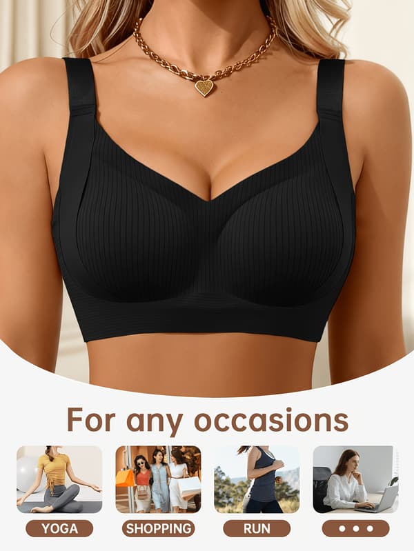 Dame BH med brede stropper, push-up, komfortabel, uten bøyle, uformell, ensfarget, pustende Black S