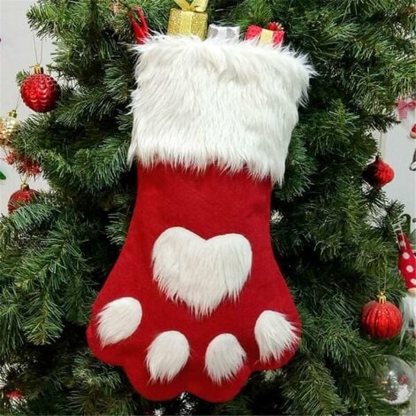 Julstrumpor för hundar i form av kattassar, plyschstrumpor att hänga upp för jul- och julprydnader (stor/16,5 tum, vit-r
