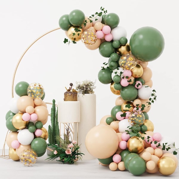150 st Sage Green Rosa Ballong Garland Arch Kit, Olivgrön Blush Peach Guldballonger med konstgjord murgröna för festdekorationer