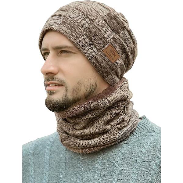 Vinterlue for menn Skjerfsett Varm fleecefôret strikket skihue Slouchy Skull Cap for unisex gave Brown