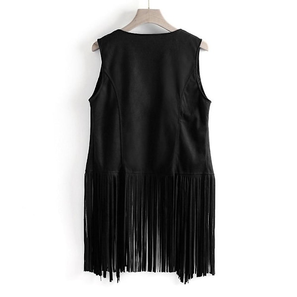 1970'ernes Kvinde Tassel Ærmeløs Vest 70'er Retro Hippie Kunstlæder Frynser Jakke Cardigan Sort Black M
