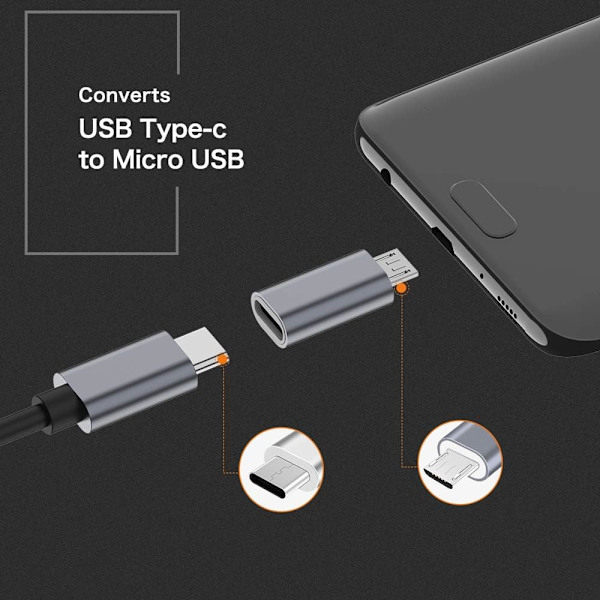 USB-C - Micro USB -sovitin (4-pakkauksessa), Type C naaras - Micro USB uros, tukee latausta ja tiedonsiirtoa (harmaa)