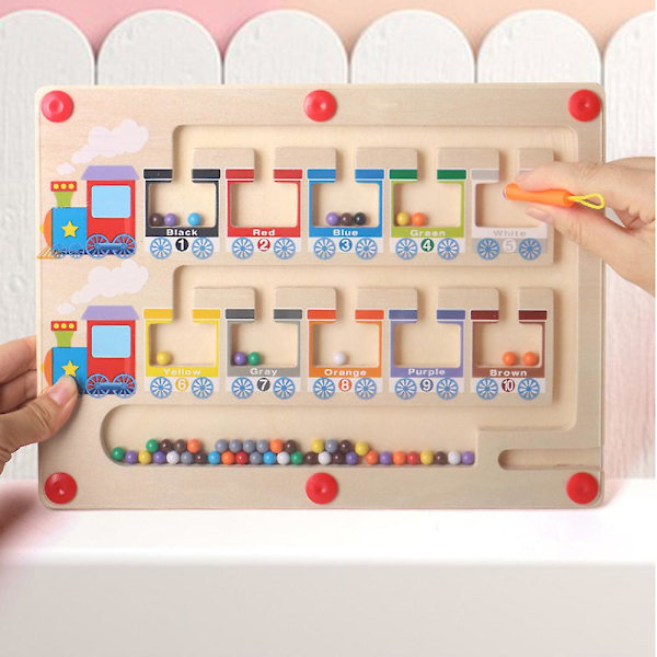 Magneettinen väri- ja numerolabyrintti -lelu, puinen junapulmapeli, oppimislauta, laskeminen, pulmapeli, taaperon hienomotoriikkaleikki