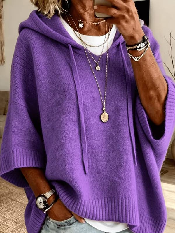 Hettegenser for kvinner, kort flaggermusermet, plysj, mønstret, myk strikket genser Deep Purple XL