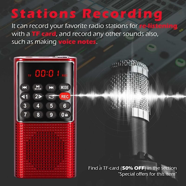 Liten bärbar radio, uppladdningsbar bärbar radio med inspelning
