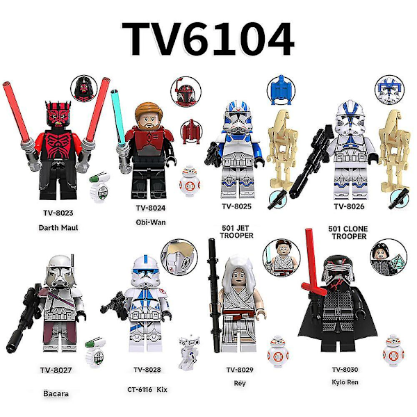 8pcs/set Star Wars Series Building Blocks Minifigures Toy Darth Maul Obi-wan Rey Assembly Action Figures Toys Kids Fans Collectibles Gift