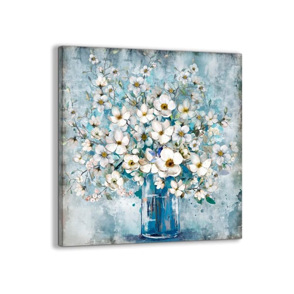(30×30cm) Oinramad tavla, blå vas vit blomma Canvas målning