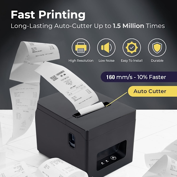 80 mm USB-kvitteringsprinter, POS-printer med automatisk skærer, ESC/POS-kommandounderstøttelse Windows Mac (kun USB-interface)