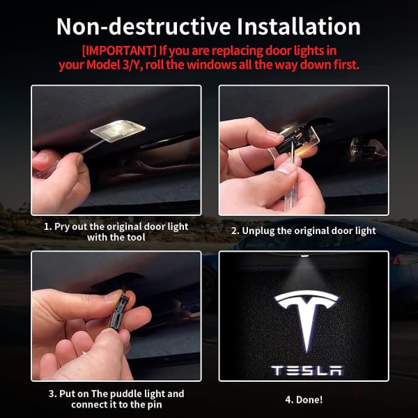 4 stk. Tesla Puddle Lights Bildørslampe Logo Projektor, Ultralet LED 3D Laser Ghost Shadow Light, Invitationslamper til Model 3 YSX Tilbehør (BT)
