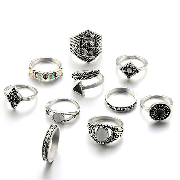 10 kpl/setti Boho Ladies Retro Fan Arrow Carved Knuckle Midi Stacking Ring Antique Silver